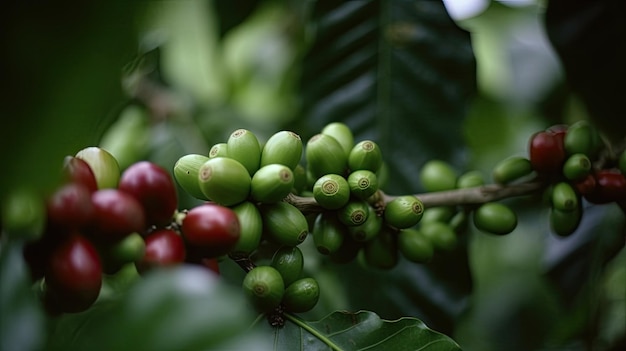 Caféier avec des grains de café rouges sur une plantation de café Generative AI