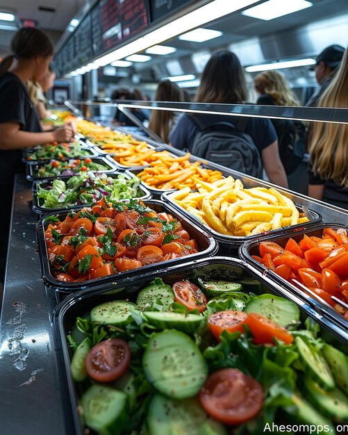 Une cafétéria avec un bar à salade