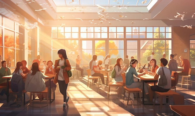 Une cafétéria scolaire animée remplie d'élèves savourant des repas nutritifs