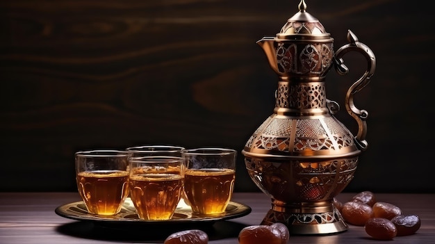 Une cafetière arabe avec des bonbons et des dattes Bon Ramadan