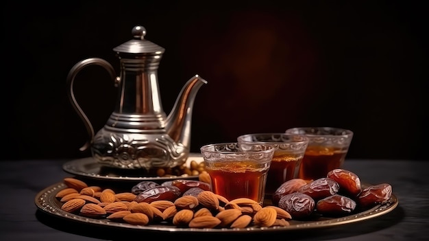 Une cafetière arabe avec des bonbons et des dattes Bon Ramadan
