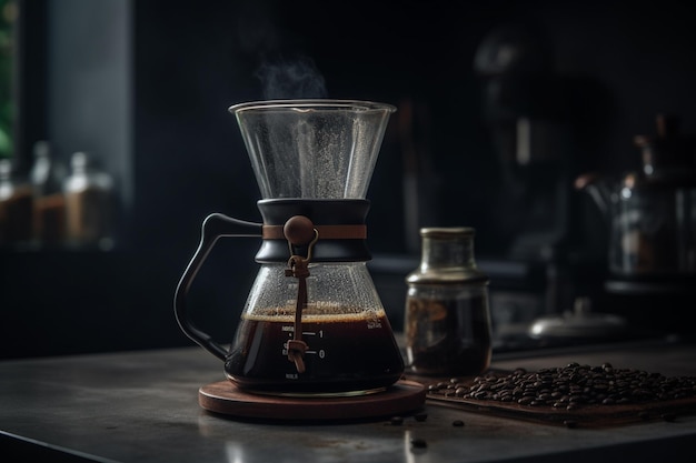 Une cafetière avec une cafetière et une cafetière en verre.