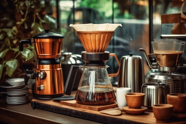 Une cafetière et une cafetière sur un comptoir.