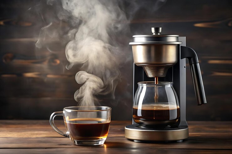 Photo une cafetière élégante avec une carafe en verre montrée avec de la vapeur s'élevant d'une tasse de café fraîchement brassée