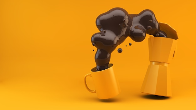 Cafetière jaune servant à une tasse de rendu 3D