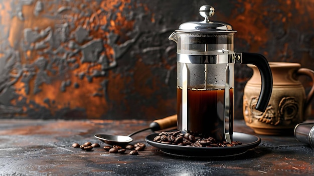 Une cafetière à presse française est assise sur une table avec une assiette de grains de café. La cafetière est en verre et a une poignée noire.