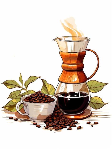 Photo une cafetière et une tasse de café avec des grains de café.