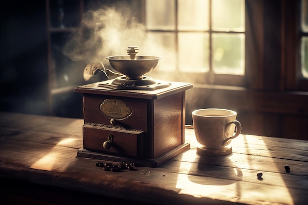 Une cafetière et une tasse de café sur une table