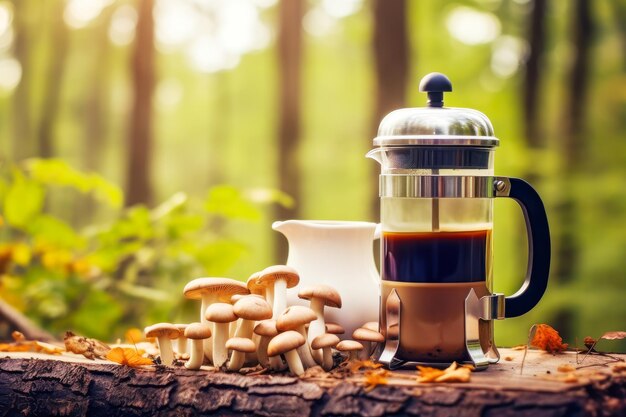 Cafetière en verre avec café aux champignons pour la santé et champignons frais sur planche de bois avec mos vert