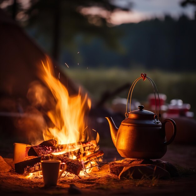 Une cafetière vintage sur le feu de camping Une merveilleuse soirée