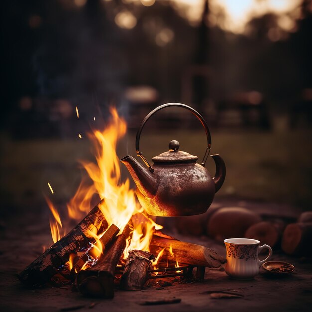 Une cafetière vintage sur le feu de camping Une merveilleuse soirée