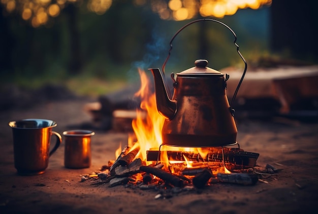 Cafetière vintage sur feu de joie avec feu brûlant