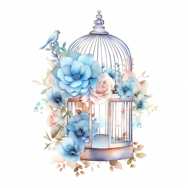 Une cage d'oiseau bleue avec des fleurs et une cage doiseau
