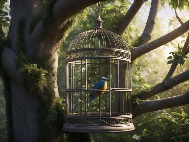 Une cage d'oiseau dans un arbre avec un oiseau assis à l'intérieur pendant que la porte de la cage était ouverte