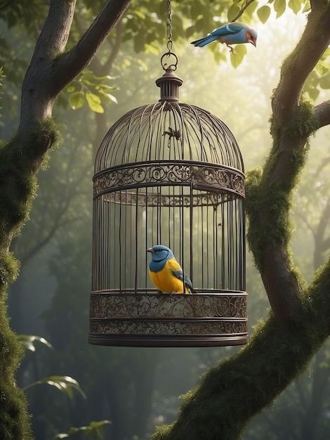 Une cage d'oiseau dans un arbre avec un oiseau assis à l'intérieur pendant que la porte de la cage était ouverte