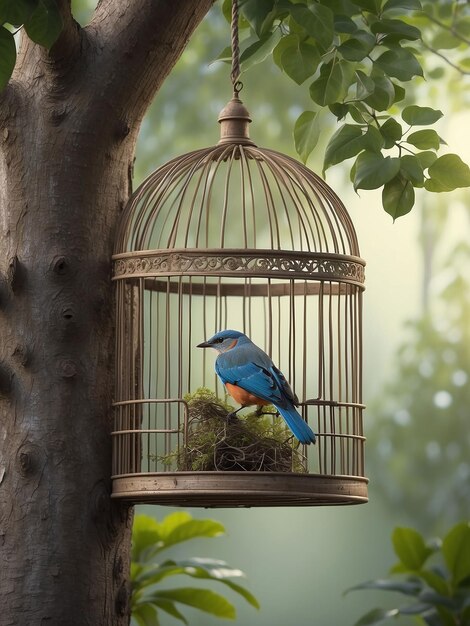 Une cage d'oiseau dans un arbre avec un oiseau assis à l'intérieur pendant que la porte de la cage était ouverte