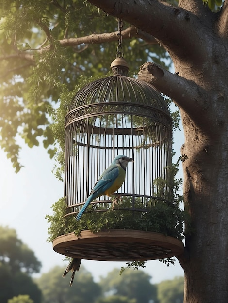 Une cage d'oiseau dans un arbre avec un oiseau assis à l'intérieur pendant que la porte de la cage était ouverte