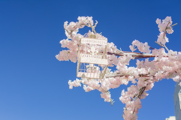 Cage à oiseaux décoratif blanc suspendu à une branche de pommier en fleurs sur fond de ciel. Décoration de la ville de printemps