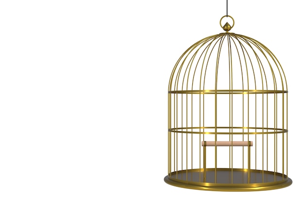 Cage à oiseaux vide d&#39;or isolé sur fond blanc, rendu 3D