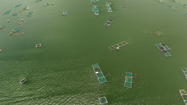 Cages à poissons et filets d'élevage de poissons dans une ferme piscicole vue sur le lac taal d'en haut philippines luzon