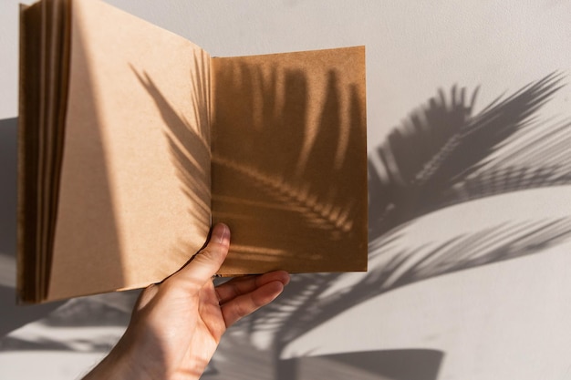 Cahier d'artisanat dans une main masculine avec des feuilles vierges sous les belles ombres des palmiers