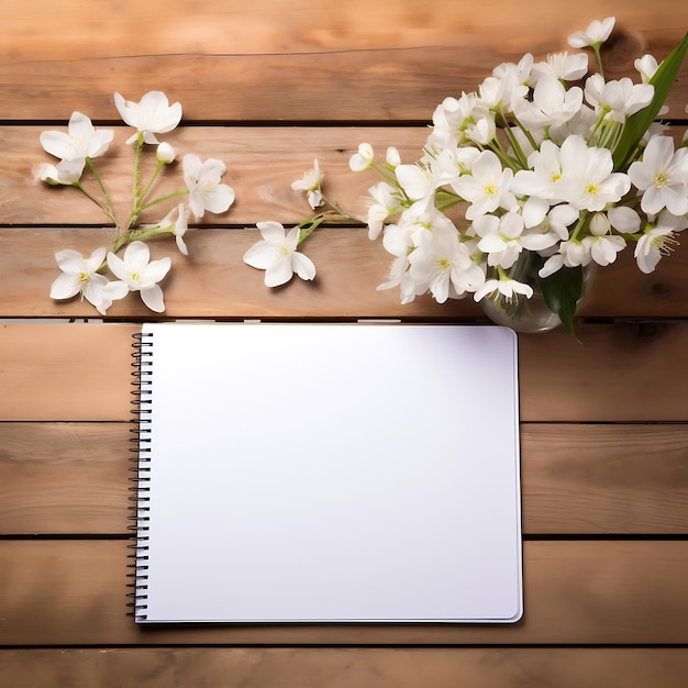 Un cahier blanc avec un crayon et des fleurs blanches sur un fond en bois brun.