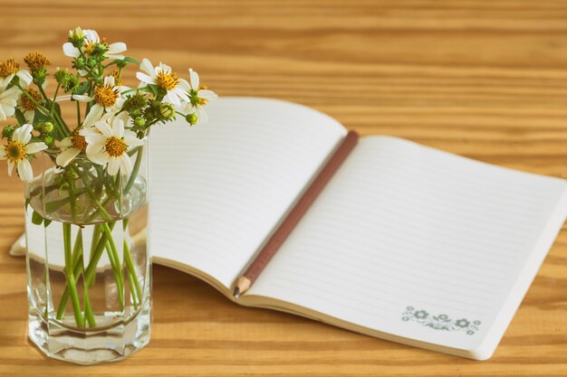 Cahier blanc ouvert sur une table en bois rustique avec un crayon brun ou noir.