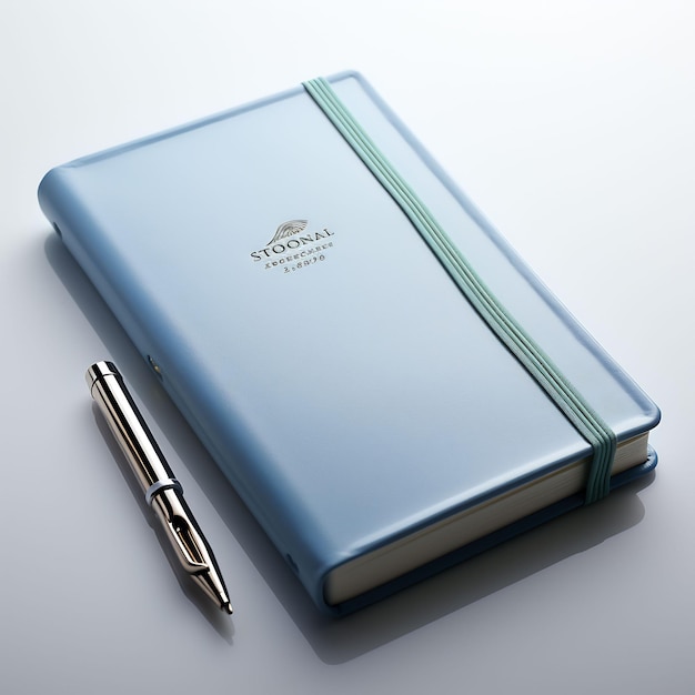 un cahier bleu avec un stylo à côté et un stylo.