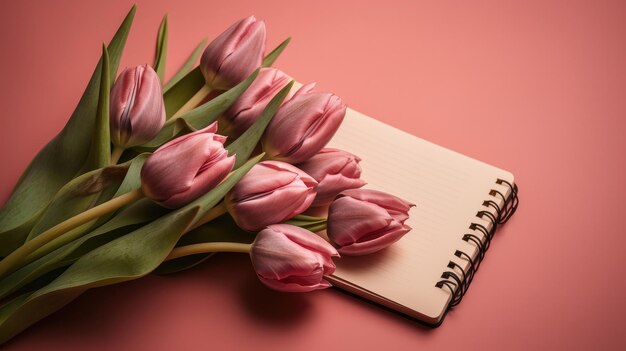 Un cahier avec un bouquet de tulipes roses dessus