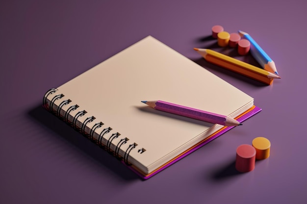 Un cahier avec un crayon dessus et un crayon sur fond violet.