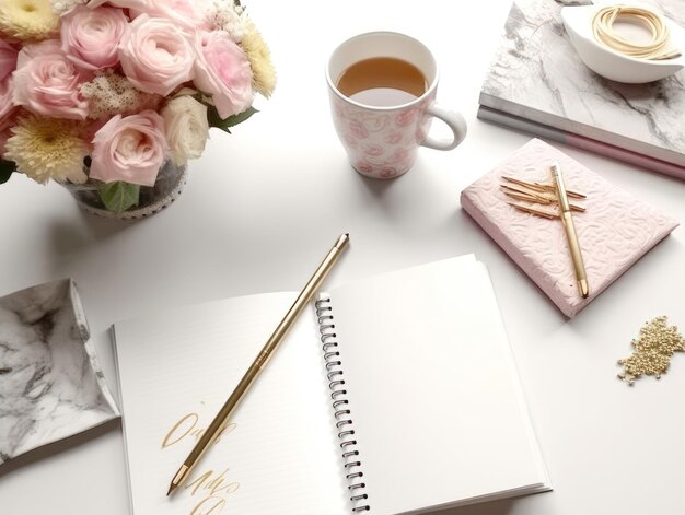 Photo un cahier avec un crayon et une tasse de café sur la table.