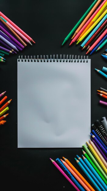 Un cahier entouré de crayons de couleur sur une surface noire