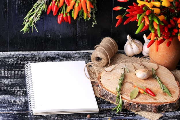 Photo cahier d'épices et d'herbes pour les recettes tas d'épices piment romarin thym fond bois foncé style rétro couverture pour un fond de livre de cuisine