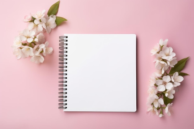 un cahier avec des fleurs sur fond rose.