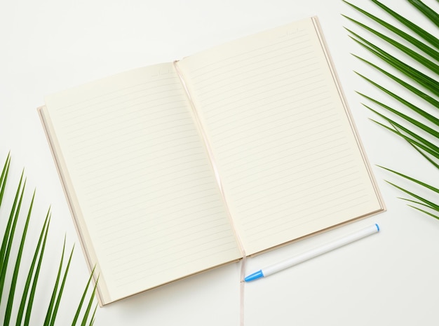 Cahier ouvert avec des feuilles blanches vierges sur une vue de dessus de fond blanc