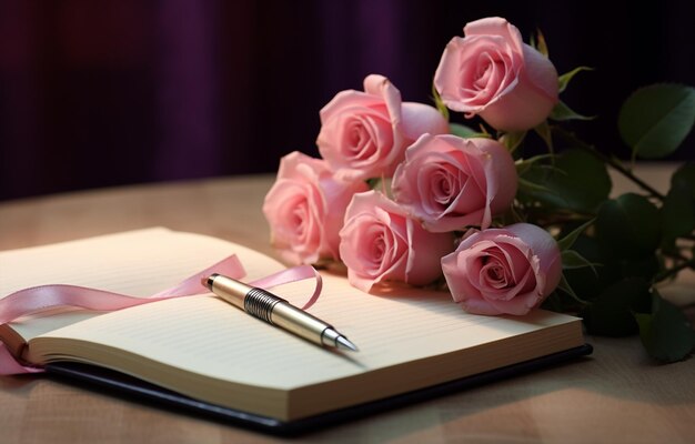 Cahier ouvert avec des roses roses et une bougie allumée au stylo sur une table en bois