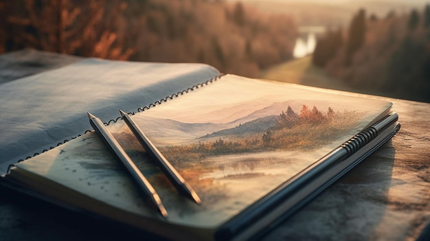 Un cahier avec un stylo dessus et une montagne en arrière-plan.