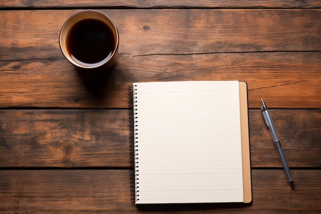 Un cahier avec un stylo et un stylo sur une table en bois