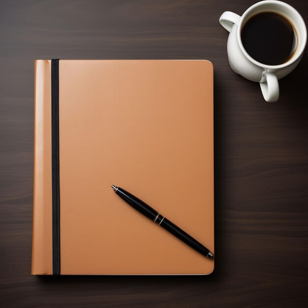 un cahier avec un stylo et une tasse de café sur une table.