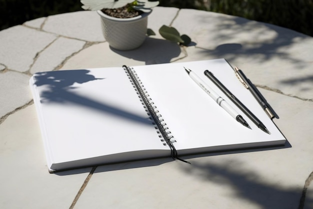 Cahier vierge ouvert avec un stylo sur une table en pierre avec la lumière du soleil