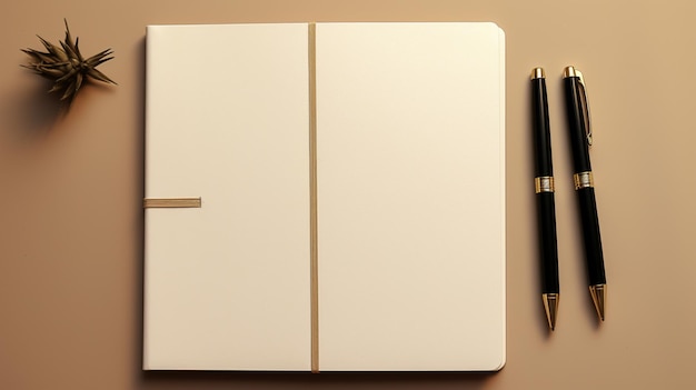 cahier vierge sur une table avec une maquette de fontaine à stylos dans le style beige