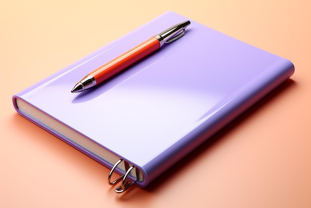 Un cahier violet 3D avec un stylo sur le dessus.