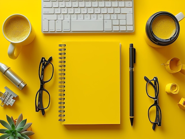 cahiers de notes et fournitures de bureau sur un jaune
