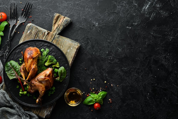 Caille au four avec légumes Mise à plat Vue de dessus Espace de copie gratuit