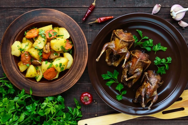 Cailles rôties à la broche sur un bol en céramique avec des verts. Pomme de terre au four. Vue de dessus. Menu de vacances.