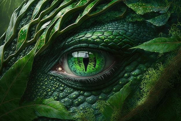 Écailles vertes et tête de dragon forestier avec œil de serpent créées avec une IA générative
