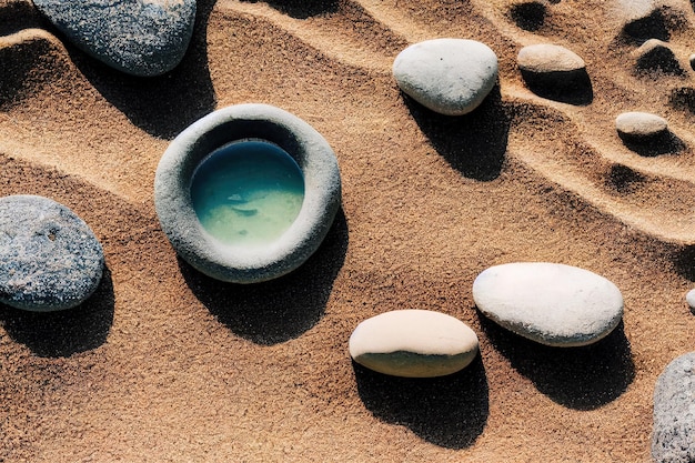 Cailloux Et Bol En Pierre Avec De L'eau Sur Le Sable