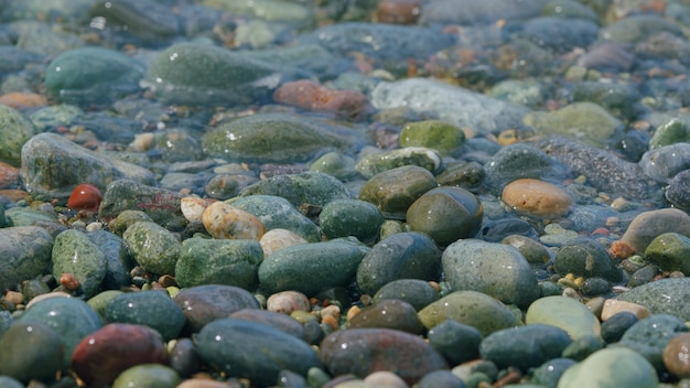 Des cailloux de mer colorés, de petites vagues de mousse de mer qui se brisent sur une plage de cailloux.