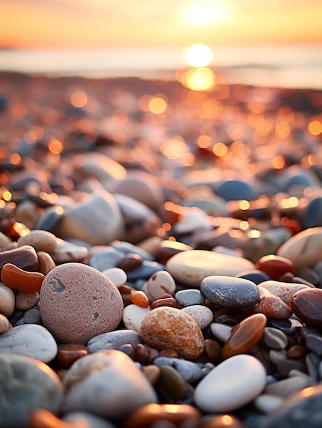 des cailloux sur le rivage près de la lumière floue du coucher de soleil dans l'arrière-plan lointain