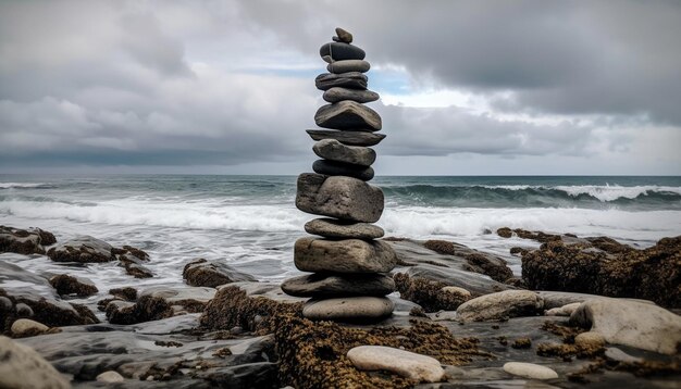 Cairn tranquille au sommet d'une pile de rivage rocheux généré par l'IA